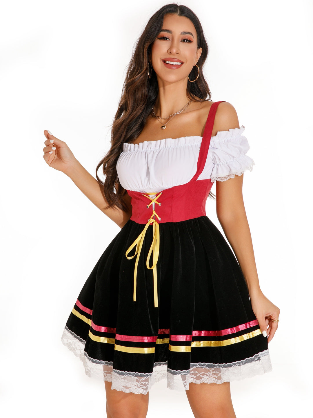 Blütenkranz | Damen-Dirndlkleid – Schulterfrei mit Spitze und Puffärmeln