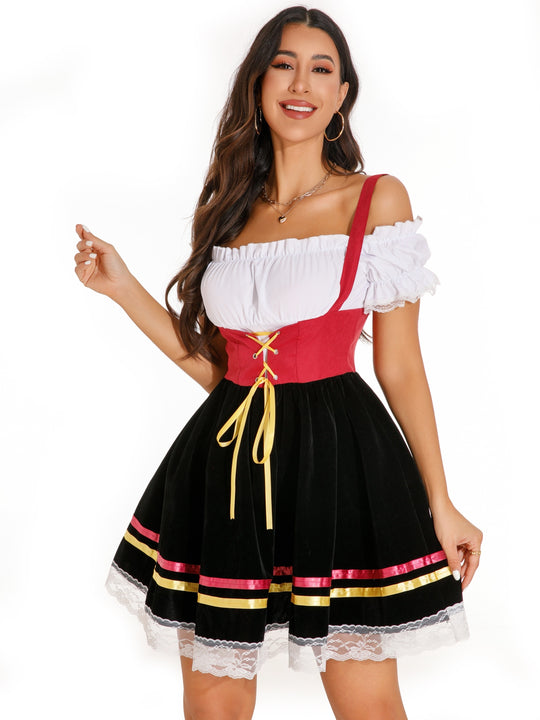 Blütenkranz | Damen-Dirndlkleid – Schulterfrei mit Spitze und Puffärmeln