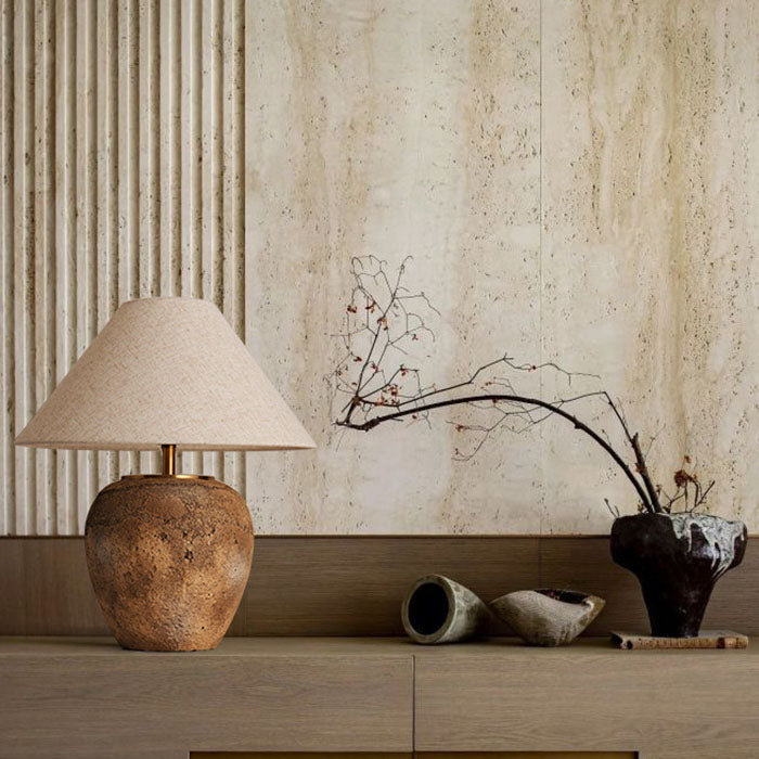 ClayGlow | Shabby Chic Keramiklampe mit Stoffschirm