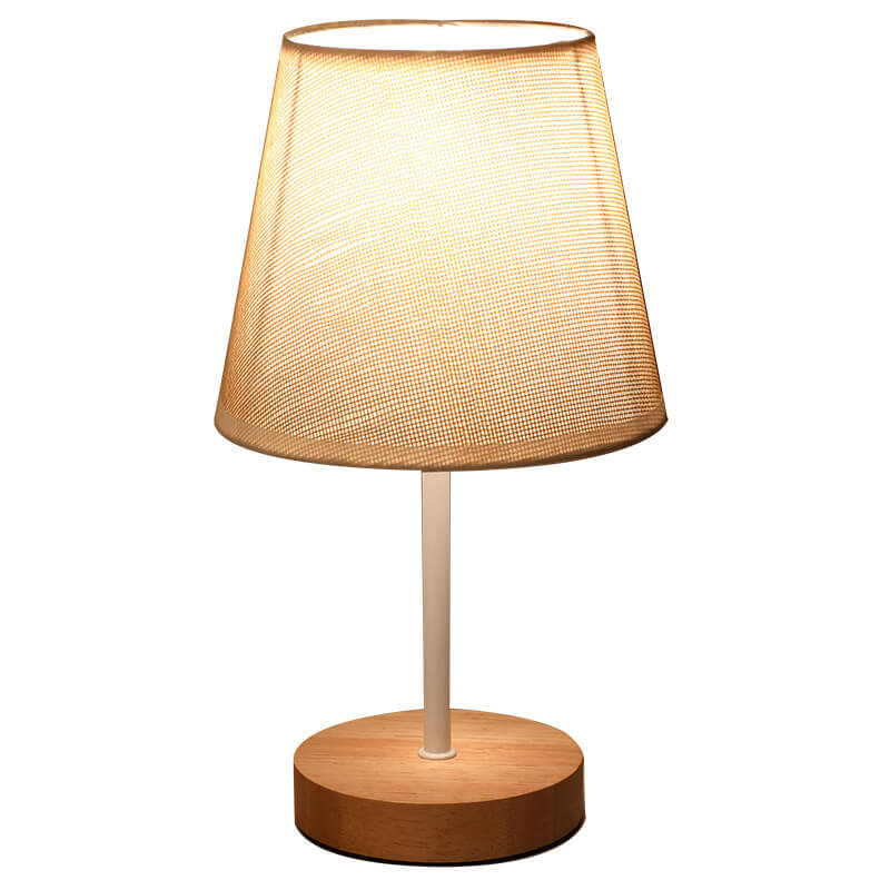 GlowForm | Nordische Vintage Stoffkegel Tischlampe aus Massivholz mit LED