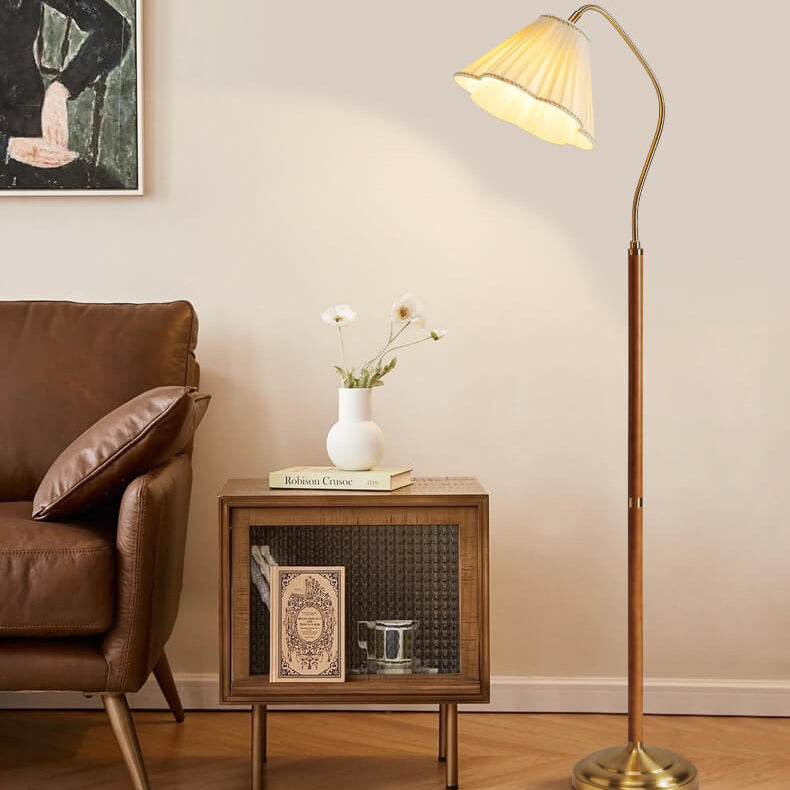 GlowLodge | Japanische Vintage Blume Massivholz Eisen Stoff 1-Licht Stehlampe