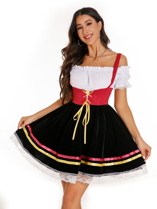 Blütenkranz | Damen-Dirndlkleid – Schulterfrei mit Spitze und Puffärmeln