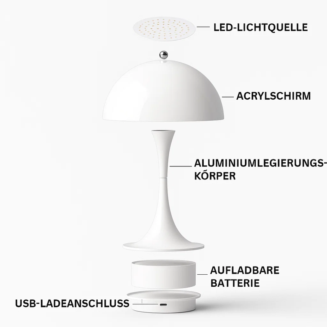 NordicLume | Pilzlampe LED Tischlampe mit Akku & kabellosem Design für Zuhause