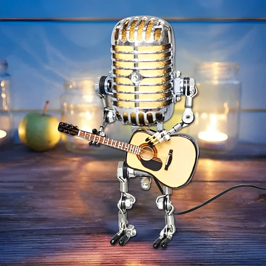 TuneBot | Vintage Metallmikrofon Roboter mit Gitarrenlampe