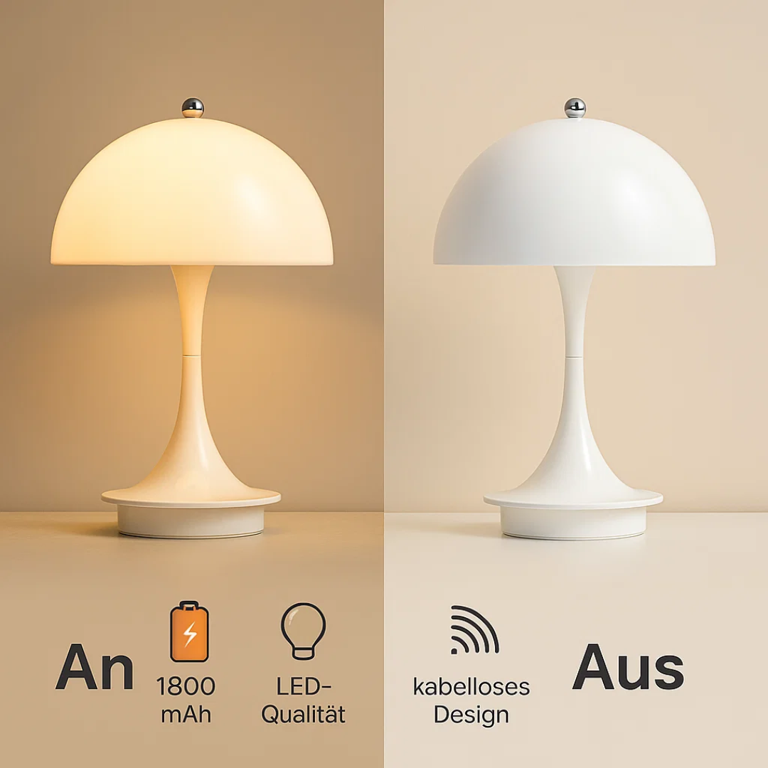 NordicLume | Pilzlampe LED Tischlampe mit Akku & kabellosem Design für Zuhause