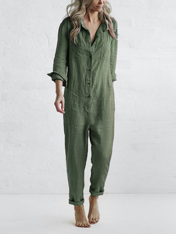 Hannah - Eleganter Damen Jumpsuit Langarm aus Leinen-Baumwoll-Mix in Weiß, Schwarz-1