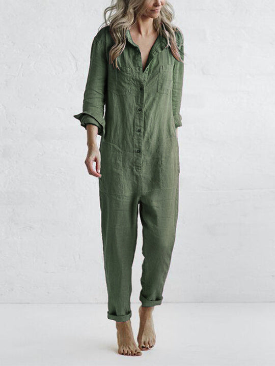 Hannah - Eleganter Damen Jumpsuit Langarm aus Leinen-Baumwoll-Mix in Weiß, Schwarz-1