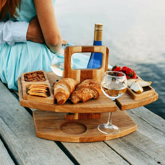 WineWay | Tragbarer Picknicktisch aus Holz mit Flaschenhalter