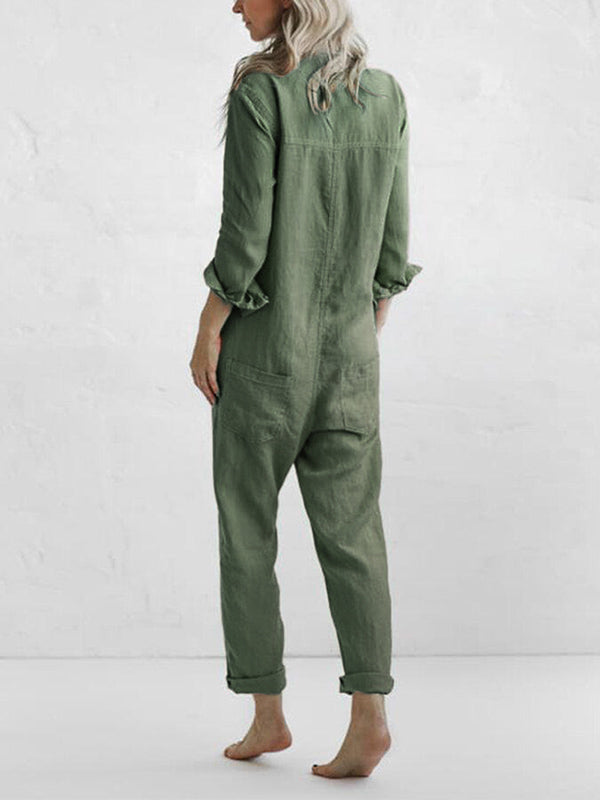 Hannah - Eleganter Damen Jumpsuit Langarm aus Leinen-Baumwoll-Mix in Weiß, Schwarz-2