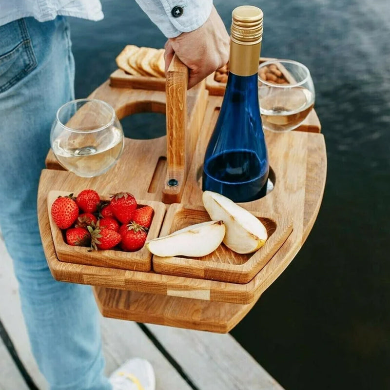 WineWay | Tragbarer Picknicktisch aus Holz mit Flaschenhalter