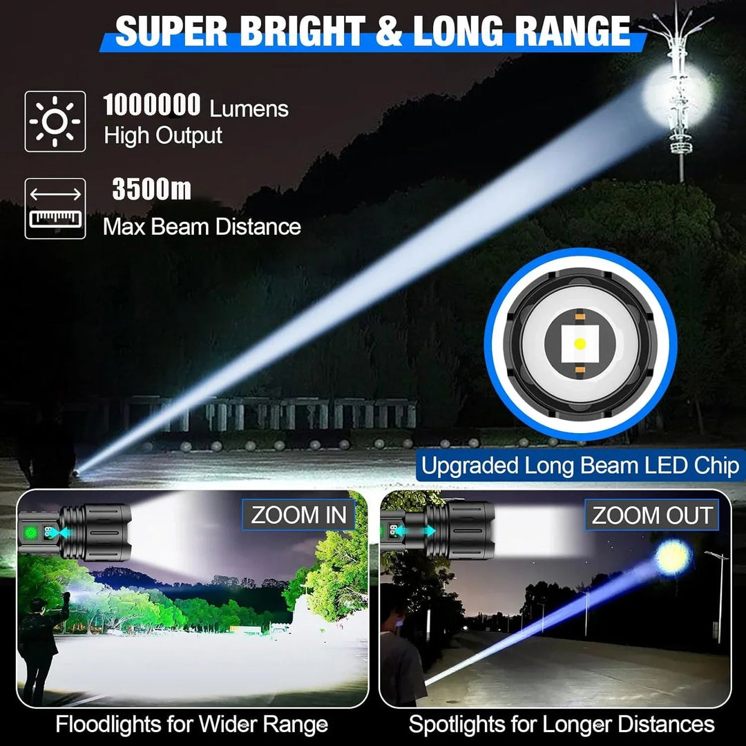 TorchMax | Super Helles LED-Taktik-Taschenlampe Wiederaufladbar 100000 Lumen