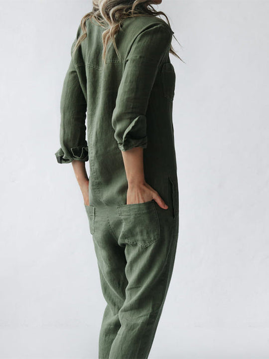 Hannah - Eleganter Damen Jumpsuit Langarm aus Leinen-Baumwoll-Mix in Weiß, Schwarz-3