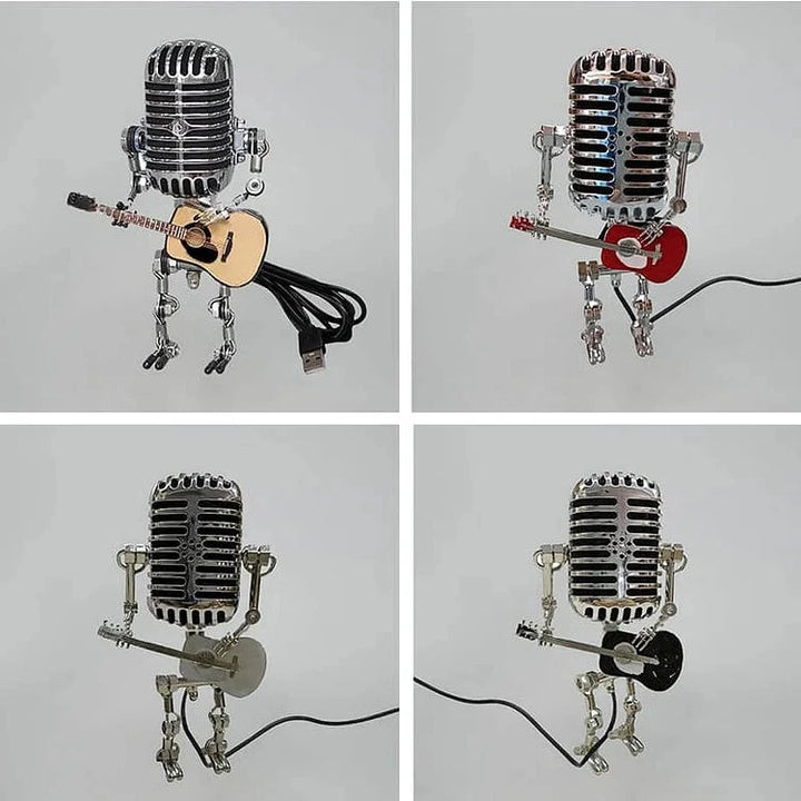 TuneBot | Vintage Metallmikrofon Roboter mit Gitarrenlampe