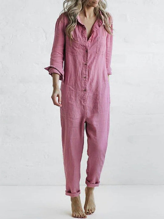 Hannah - Eleganter Damen Jumpsuit Langarm aus Leinen-Baumwoll-Mix in Weiß, Schwarz-4