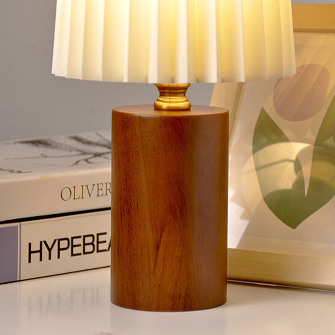 NamiShade | Vintage Korean plissierte Säule Massivholz Basis 1-Licht Tischlampe