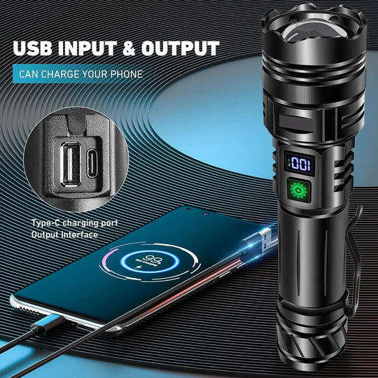 TorchMax | Super Helles LED-Taktik-Taschenlampe Wiederaufladbar 100000 Lumen