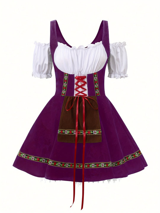 Amethystglanz | Damen-Dirndlkleid – Lila Festkleid mit Spitze und Rüschenärmeln