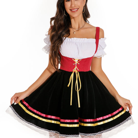 Blütenkranz | Damen-Dirndlkleid – Schulterfrei mit Spitze und Puffärmeln