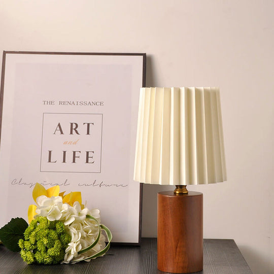 NamiShade | Vintage Korean plissierte Säule Massivholz Basis 1-Licht Tischlampe