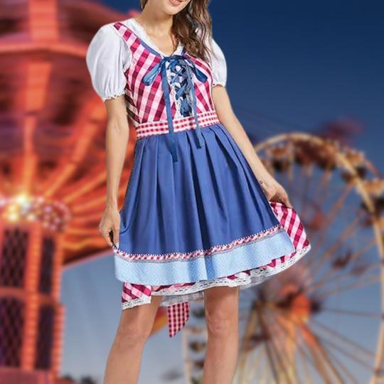 BlueCharm | Bayrisches Blau Dirndl mit Karomuster für das Oktoberfest