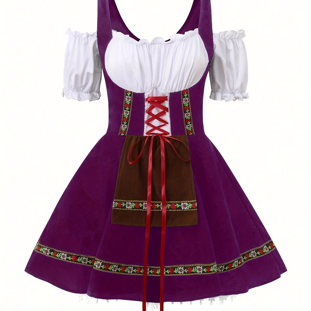Amethystglanz | Damen-Dirndlkleid – Lila Festkleid mit Spitze und Rüschenärmeln Lila Decorique.de