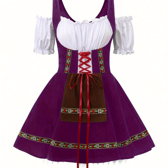 Amethystglanz | Damen-Dirndlkleid – Lila Festkleid mit Spitze und Rüschenärmeln Lila Decorique.de