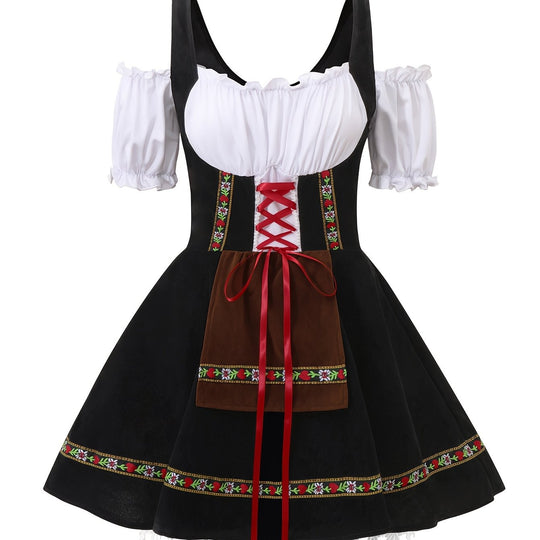 Amethystglanz | Damen-Dirndlkleid – Lila Festkleid mit Spitze und Rüschenärmeln Schwarz Decorique.de