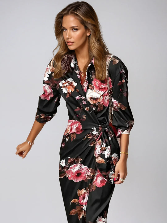 Arah | Damenkleid – Farbintensiv & Sommerleicht Rosa Blumen mit Schwarz Decorique.de