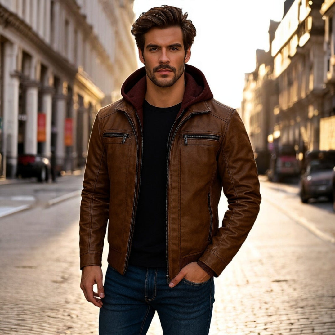 Ben | Herren Lederjacke mit Kapuze im Zeitlosen Biker-Design Braun Decorique.de