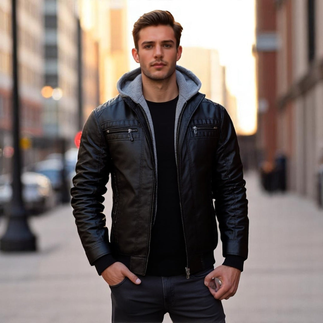 Ben | Herren Lederjacke mit Kapuze im Zeitlosen Biker-Design Schwarz Decorique.de