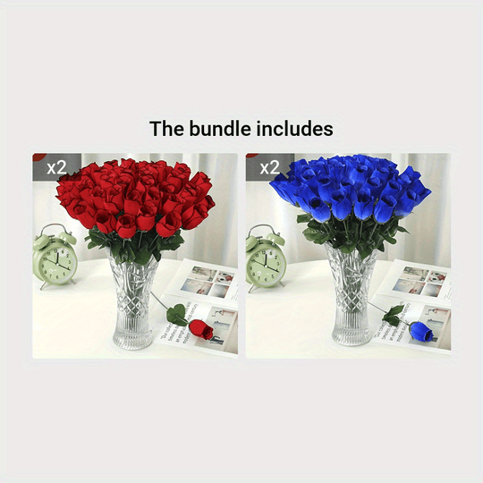 BloomJoy | 10er Set Kunstrosen – Pflegefrei & glasähnliche Vase Rot*2+Blau*2 Decorique.de