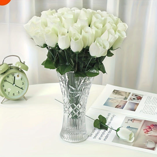 BloomJoy | 10er Set Kunstrosen – Pflegefrei & glasähnliche Vase Weiß Decorique.de