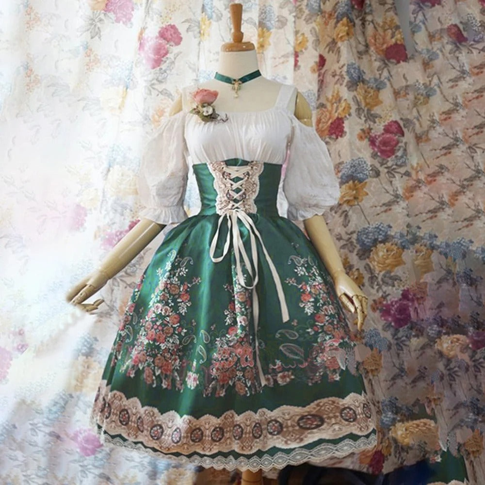 BlütenKrone | Damen-Dirndl – Blumen Oktoberfest Dirndl Kleid Grün Decorique.de