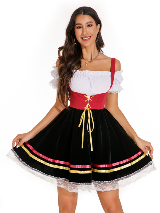 Blütenkranz | Damen-Dirndlkleid – Schulterfrei mit Spitze und Puffärmeln