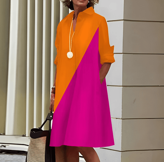 Camille | Hemdblusenkleid Stilvoll mit Kragen Orange-Rosa Decorique.de