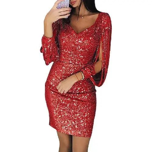 Clara | Damen Glitzer Elegantekleid | Midi Rot Decorique.de