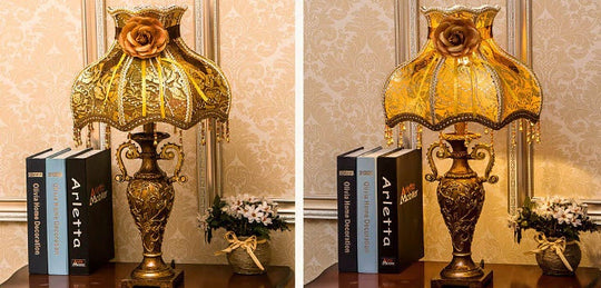 EraGlow | Europäische Vintage-Stoff Antike 1-Licht Tischlampe Decorique.de