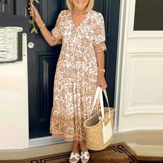 Hannah | Bohème Kleid mit V-Ausschnitt und Blumendruck Beige Decorique.de