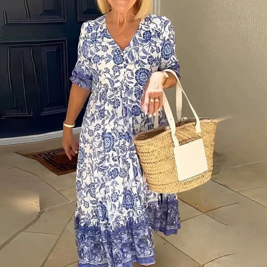 Hannah | Bohème Kleid mit V-Ausschnitt und Blumendruck Blau Decorique.de