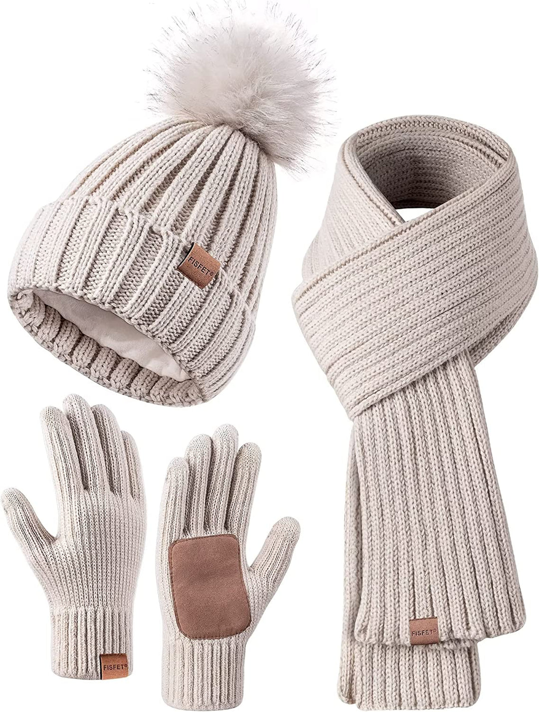 KnitStyle | Winter-Set – Mütze, langer Schal & Touchscreen-Handschuhe Beige Decorique.de