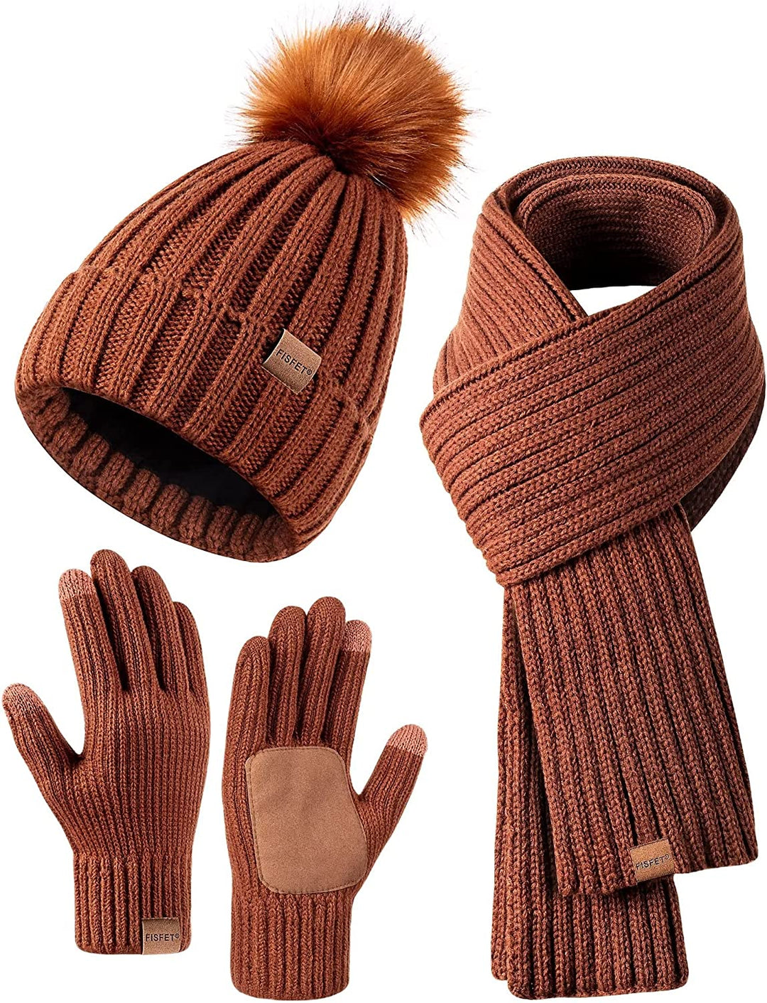 KnitStyle | Winter-Set – Mütze, langer Schal & Touchscreen-Handschuhe Dunkelorange Decorique.de
