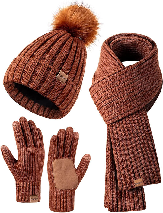KnitStyle | Winter-Set – Mütze, langer Schal & Touchscreen-Handschuhe Dunkelorange Decorique.de
