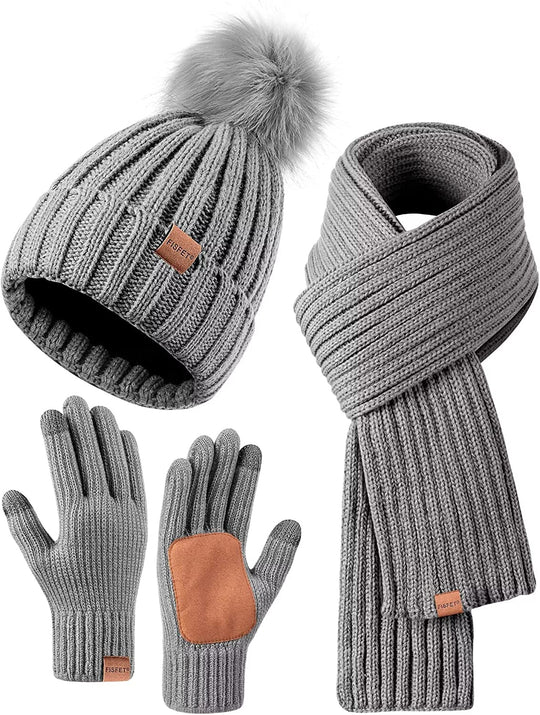KnitStyle | Winter-Set – Mütze, langer Schal & Touchscreen-Handschuhe Grau Decorique.de