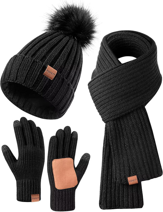 KnitStyle | Winter-Set – Mütze, langer Schal & Touchscreen-Handschuhe Schwarz Decorique.de