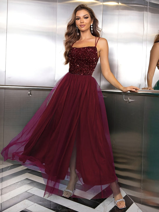 Liana | Damen Glitzer Abendkleid | Maxi Burgundisch Decorique.de