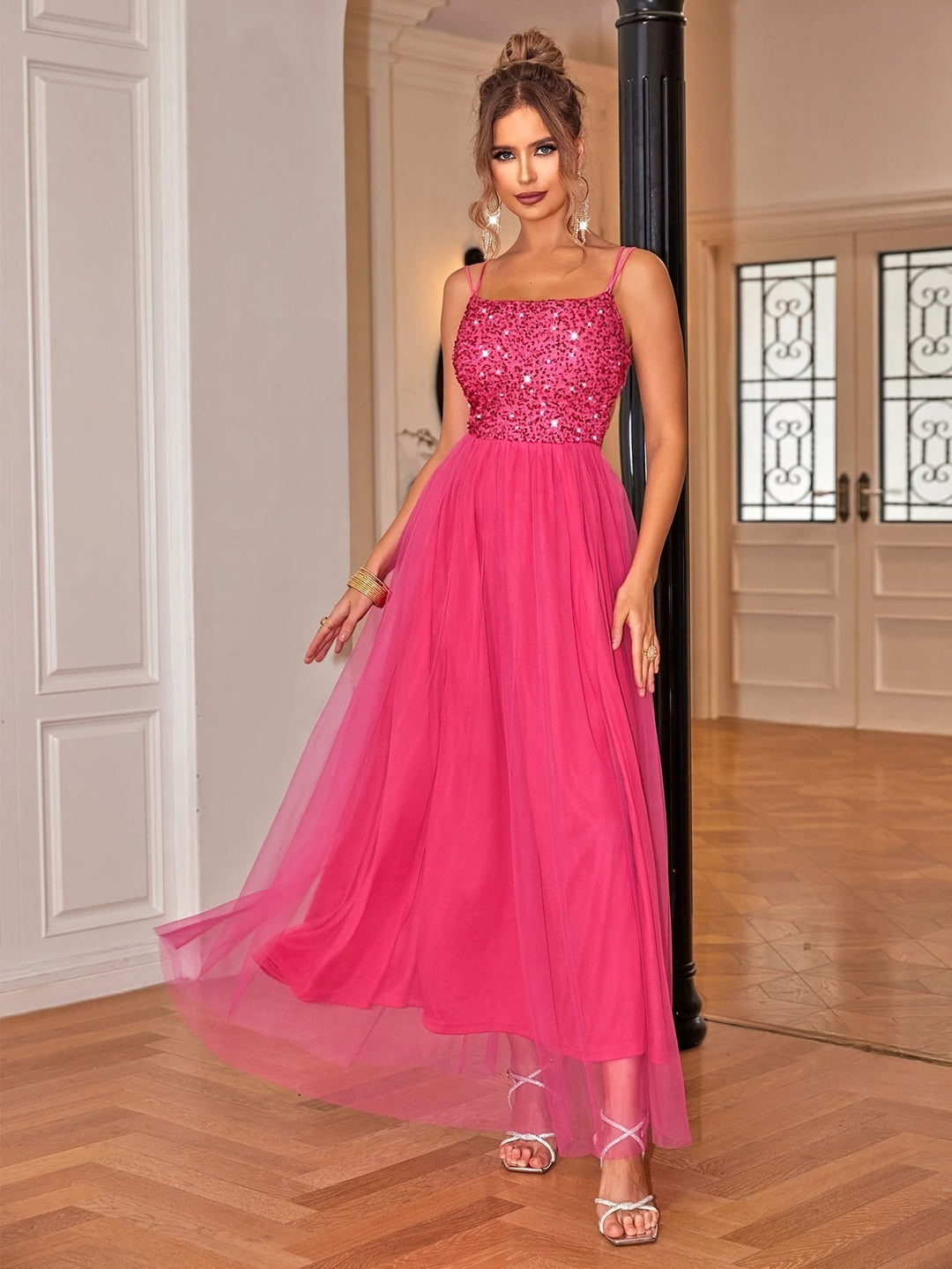 Liana | Damen Glitzer Abendkleid | Maxi Dunkelrosa Decorique.de