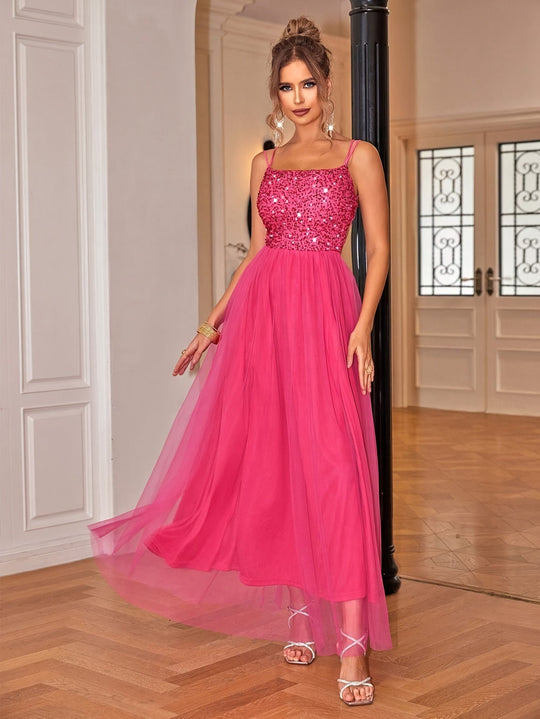Liana | Damen Glitzer Abendkleid | Maxi Dunkelrosa Decorique.de