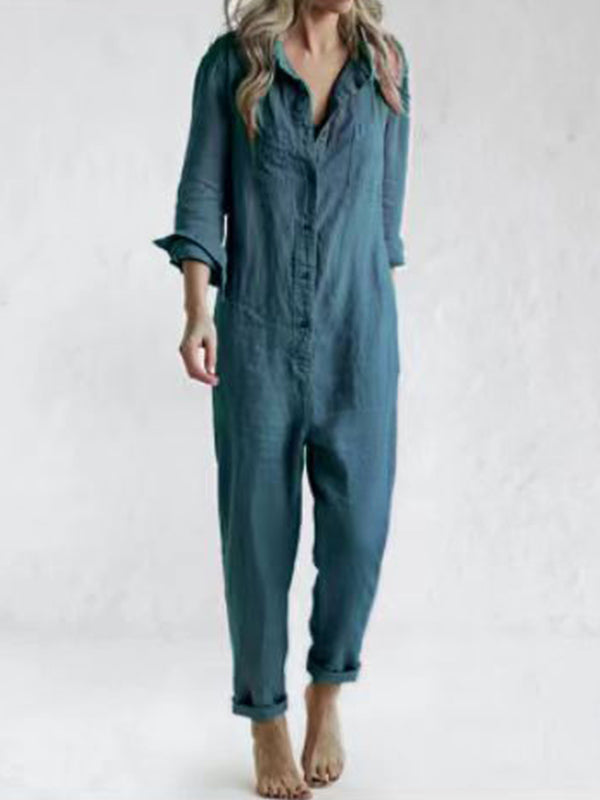 Nina | Damen Jumpsuit Eleganter Langarm-Stil im Leinen-Baumwoll-Mix Blau Decorique.de