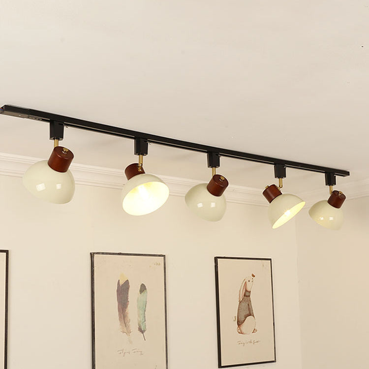 NordRail | Verstellbare Deckenleuchte aus Holz & Eisen 5 Lichter + 59.06" 150cm Schiene Brauner & Beiger Lampenschirm + Schwarze Schiene 230V Decorique.de