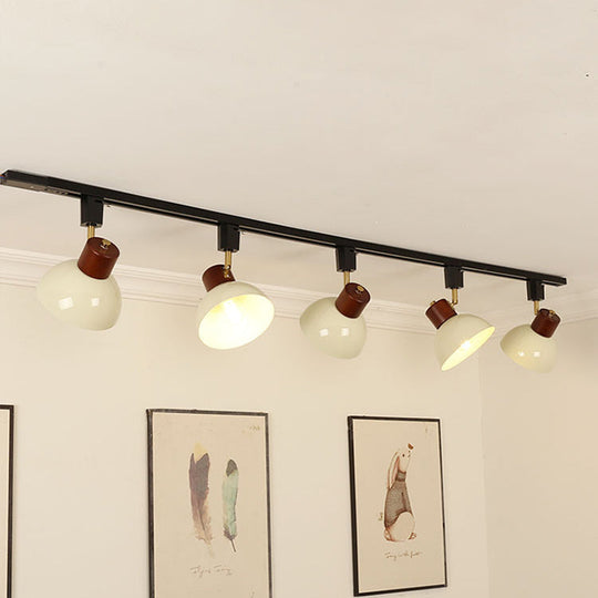 NordRail | Verstellbare Deckenleuchte aus Holz & Eisen 5 Lichter + 59.06" 150cm Schiene Brauner & Beiger Lampenschirm + Schwarze Schiene 230V Decorique.de